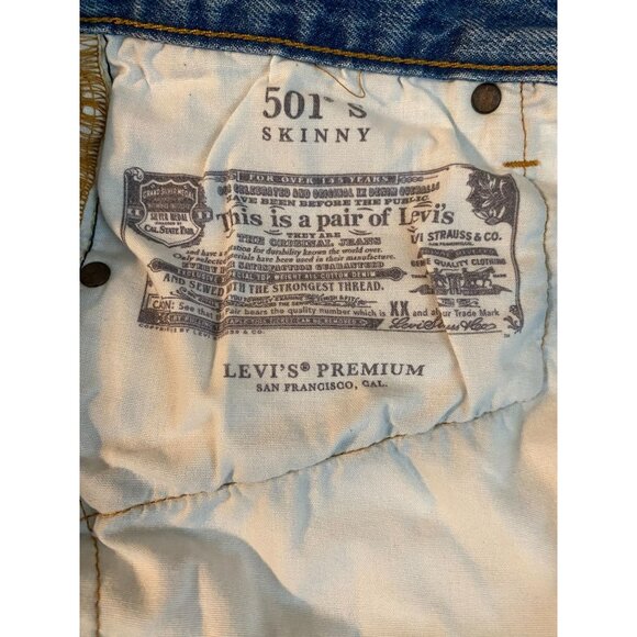 Levis 501 S Premium Big E Jeans 28x28 Button Fly Blue Denim Ripped Skinny - Picture 8 of 12